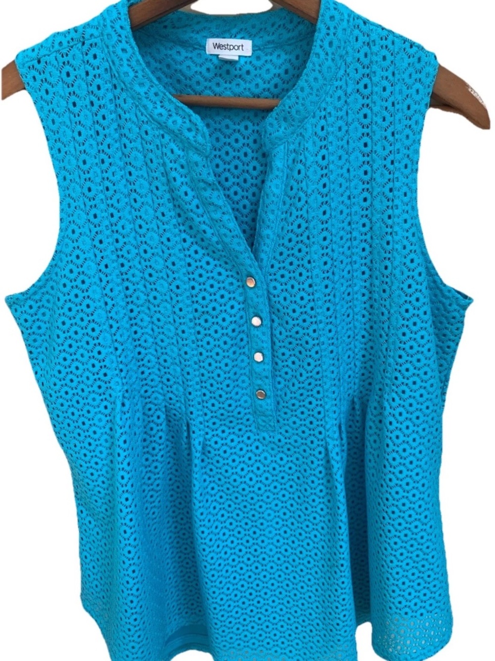 Aqua Blue Eyelet Slimming Sleeveless Silver Buttons Draped Popover Top Sz Large
